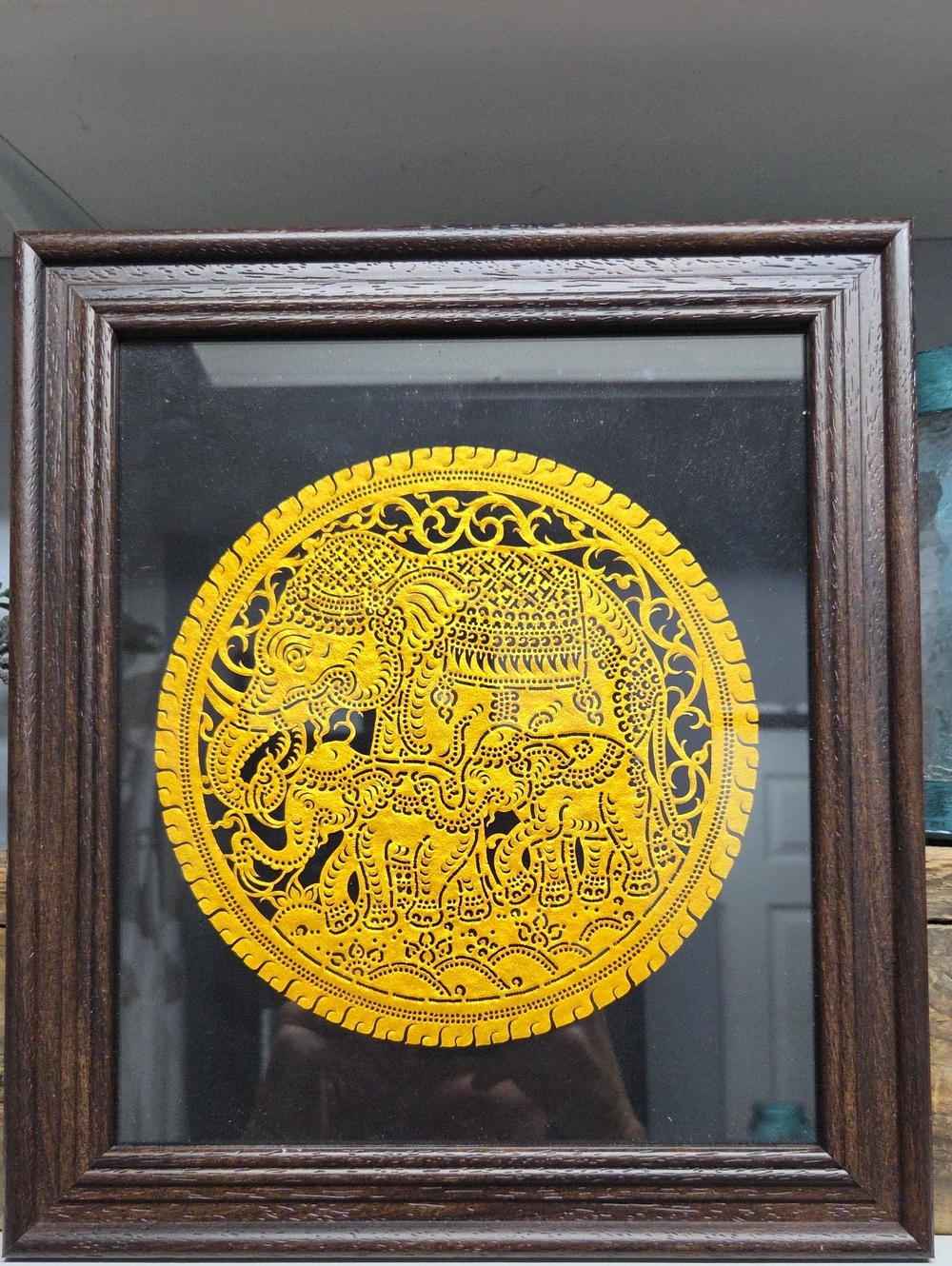 Thai Handcrafted Gold Leather Carving On Black In Frame